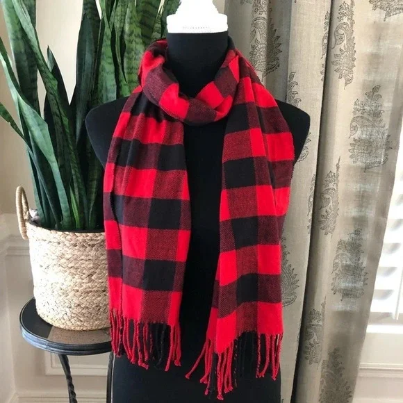 Italy Design Cashmere Blend Buffalo Plaid Check Scarf Fringe Unisex Soft Cozy
